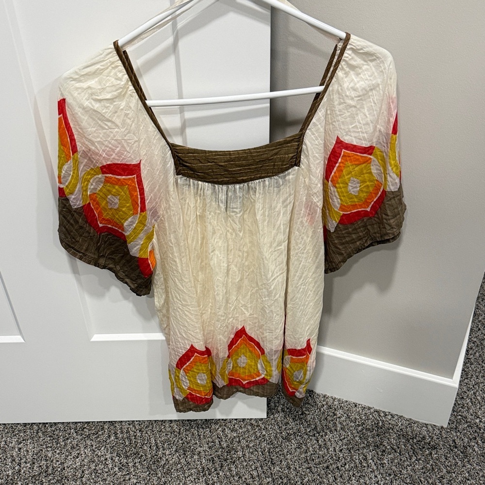 Mossimo Supply Co. Cream Blouse with Red, Yellow & Brown Floral Accents